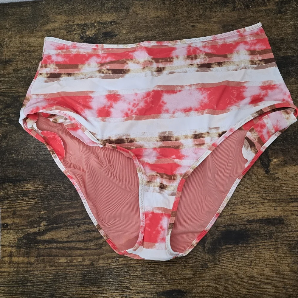 Aerie White Pink Print Ruffle High Waisted Full Coverage Bikini Bottom Size XL